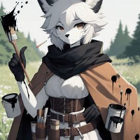 for artists, this is what she looks like because Ai sucks: a white furred fox woman, with a large black paint stain covering the left side of her face. She wears a brown cloak and black scarf, with a belt on the outside of the cloak. paint cans containing black and white paint hang from the belt, She holds a large paintbrush with black ink on top, and she has a toothpick sticking out of her mouth