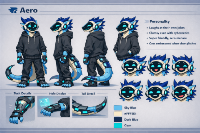 Design Summary

Species: Protogen (dragon-inspired)

Build: Lanky, young-adult proportions (still that 19-year-old energy)

Head:

Smooth protogen visor with expressive cyan facial icons

Dragon-like silhouette retained through ear shape and head fins

Color Palette:

Sky Blue – primary accent

Cream – inner accents / softer contrast

Dark Blue – secondary / depth color

Cyan glow – visor expressions, tech lines

Clothing:

Dark hoodie (casual, oversized comfort vibe)

Dark pants, practical and simple

Tech Details:

Arm module with subtle glow lines

Tail with segmented tech plating

Holo-display capability (AU-specific feature)

Personality (unchanged across universes 💙)

Laughs at their own jokes

Trips, bumps into things, absolutely not graceful

Super friendly, a little chaotic, zero menace

Gets embarrassed easily but pretends not to

(This is important: AU Aero still feels like Aero, just with more circuitry.)