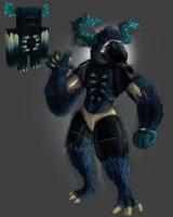 Name is Jack. He is 9 feet tall, very strong, can see, but not very well. Relies on sound all of the time, and can spread the Skulk, which is a type of moss that can spread to anything. He has horns, an exposed rib cage that he can release a sonic boom from, which is mostly an ion cannon shot. Can almost never die.