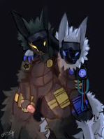 Name is M4g3n, Or Megan, and is a female wolf protogen who has black fur and wear black armor that has yellow patches on it. Her boyfriend is Eli(White fox on right), and she is mostly his protector. She protects him from anything, or at least she tries to. Her visor is cracked through her right eye, but besides that she is fine. She hates people flirting with her, and will attack someone if anybody attempts to flirt or do anything with Eli. She is 6 feet tall. She loves hugging Eli from behind and trying to startle him. She loves cuddling, and will do anything to stay with Eli. She is stronger than she looks, and is able to take down the toughest of people. Is a Virgin and hasn't had her first kiss yet.