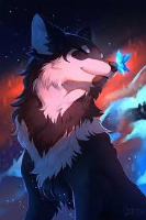 A hush settles over the midnight sky,
where colors drift like whispered dreams.
A lone wolf lifts its gaze to the trembling light,
a blue flame fluttering on borrowed wings.
Between them hangs a moment unspoken
wild heart meeting gentle glow
as the universe leans in,
holding its breath to watch wonder unfold.