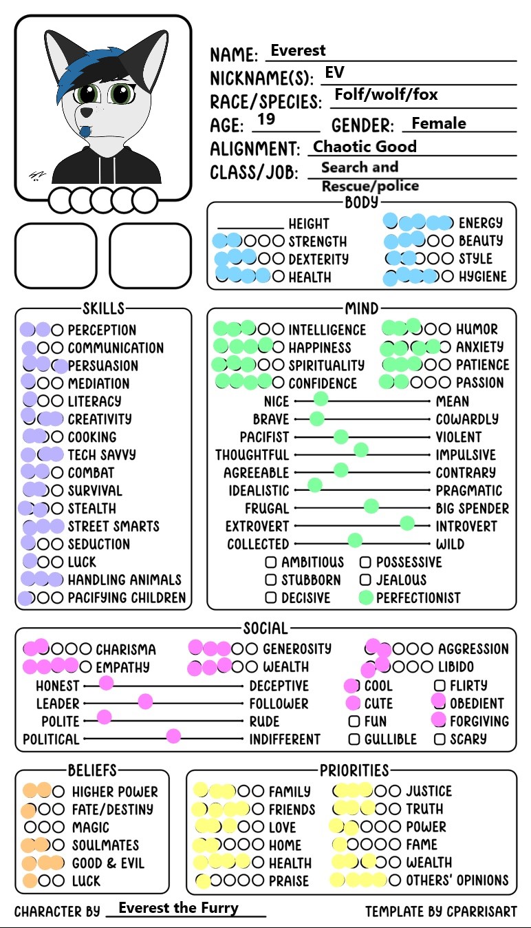 I filled out this cool character sheet made by cparrisart