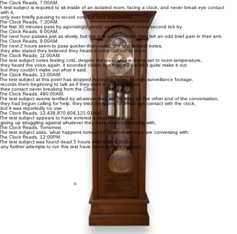 The test subject was found dead 5 hours after testing began, any further attempts to run this test have been outright banned.