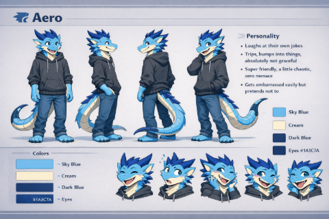 Aero — Main Fursona
Basic Info

Name: Aero

Age: 19

Species: Dragon (Anthropomorphic)

Build: Lanky, slim, tall

Body

Long arms and legs, narrow shoulders

Slightly awkward, relaxed posture

Long dragon tail that curls naturally

No wings

Head & Face

Clearly dragon-like: medium-length snout, defined jawline

Friendly, expressive reptilian eyes

Small fangs visible when smiling

Default expression: playful, relaxed, mildly mischievous

Horns

Smooth texture, curved slightly backward

Dark blue (#0D1F5F), darker at the tips

Colors

Primary scales: Sky blue (#87CEEB)

Underbelly / muzzle / neck: Cream (#FFF5E1)

Tail spines: Dark blue gradient (#0D1F5F → #1A3C7A)

Eyes: Deep blue (#1A3C7A)

Clothing

Oversized dark gray hoodie (#4B4B4B), hood down

Casual blue jeans (#5A7BB0)

Bare dragon feet with visible claws



