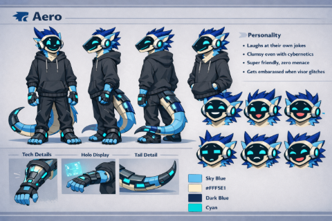 Design Summary

Species: Protogen (dragon-inspired)

Build: Lanky, young-adult proportions (still that 19-year-old energy)

Head:

Smooth protogen visor with expressive cyan facial icons

Dragon-like silhouette retained through ear shape and head fins

Color Palette:

Sky Blue – primary accent

Cream – inner accents / softer contrast

Dark Blue – secondary / depth color

Cyan glow – visor expressions, tech lines

Clothing:

Dark hoodie (casual, oversized comfort vibe)

Dark pants, practical and simple

Tech Details:

Arm module with subtle glow lines

Tail with segmented tech plating

Holo-display capability (AU-specific feature)

Personality (unchanged across universes 💙)

Laughs at their own jokes

Trips, bumps into things, absolutely not graceful

Super friendly, a little chaotic, zero menace

Gets embarrassed easily but pretends not to

(This is important: AU Aero still feels like Aero, just with more circuitry.)