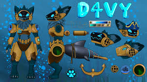 Name is Davy, or D4vy, doesn't matter how you say it. Is a pirate/underwater/shark /wolf protogen. Can be underwater for hours without losing oxygen, and can go deeper underwater than humans know. Has a mask for when he's underwater. Can where a pirate hat every now and then, but usually wont. paws are light blue. anchor part on end of shark tail, even though he is a wolf. Shark tail is more for swimming though.