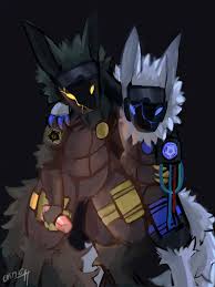 Name is M4g3n, Or Megan, and is a female wolf protogen who has black fur and wear black armor that has yellow patches on it. Her boyfriend is Eli(White fox on right), and she is mostly his protector. She protects him from anything, or at least she tries to. Her visor is cracked through her right eye, but besides that she is fine. She hates people flirting with her, and will attack someone if anybody attempts to flirt or do anything with Eli. She is 6 feet tall. She loves hugging Eli from behind and trying to startle him. She loves cuddling, and will do anything to stay with Eli. She is stronger than she looks, and is able to take down the toughest of people. Is a Virgin and hasn't had her first kiss yet.