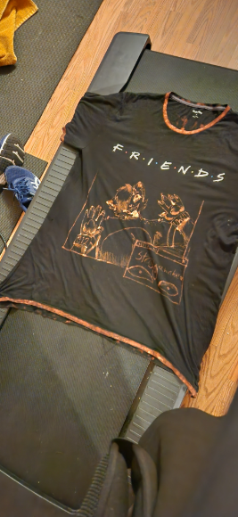 A little project I'm almost done with. I'm going to cover the Friends text with a patch once the shirt is finished drying, and I may show the back side in another post.